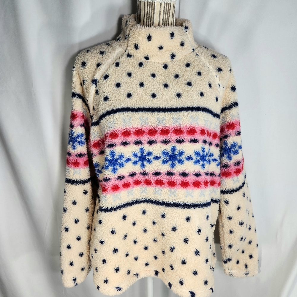 St. John's Bay Off White & Multi Fuzzy Teddy Bear Mock Turtleneck Sweater Large